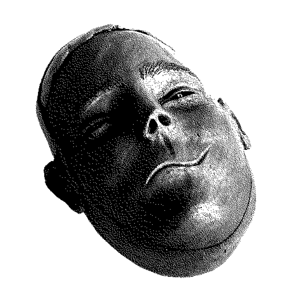 escultura em cerâmica de rosto jovem olha para nós